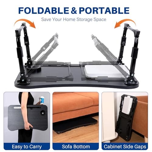 BYMECOST Laptop Desk for Bed, Height Adjustable Laptop Bed Table, Foldable Portable Lap Desk Stand with USB/Storage Drawer/Cup Holder/Slot, Breakfast Tray for Working Reading Writing Eating 9