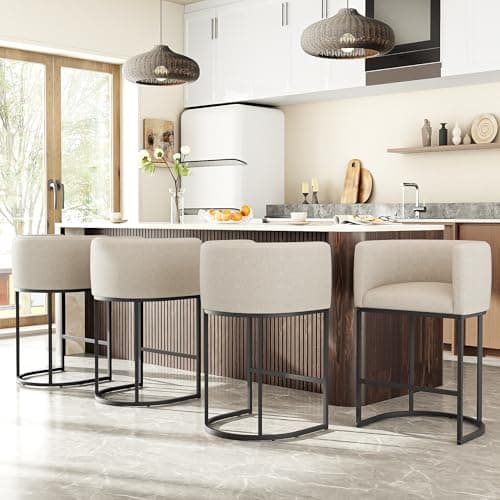 VATROS 26" H Counter Height Bar Stools Set of 2, Modern Barrel Counter Stools with Backrest and Arms, Linen Fabric Upholstered Accent Barstools for Kitchen Island,Support 450 LBS (Beige) 7