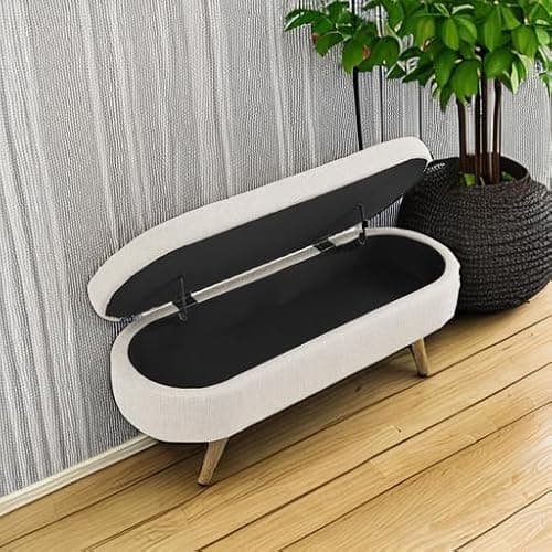 ECLYL Oval Storage Bench 43.5" Linen Fabric Upholstered Entryway Bench with Solid Wood Legs Ottoman Bench Indoor Bench for Living Room/Bedroom/End of Bed/Entryway (Beige) 5