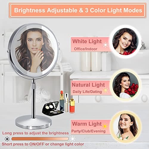 AIKELIN 8" Makeup Mirror with Lights,10X Magnifying Vanity Mirror with 3 Color LED Lights,4000mAH Adjustable Height Tabletop Cosmetic Mirror with Rechargeable Double Sided Lighted Mirror,Chrome 4