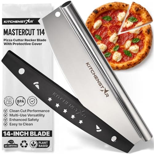 KitchenStar 14-Inch Pizza Cutter Rocker Blade - Sharp Stainless Steel Slicer Knife, Protective Cover, Dishwasher Safe, Large - Professional Pizza Oven Accessories