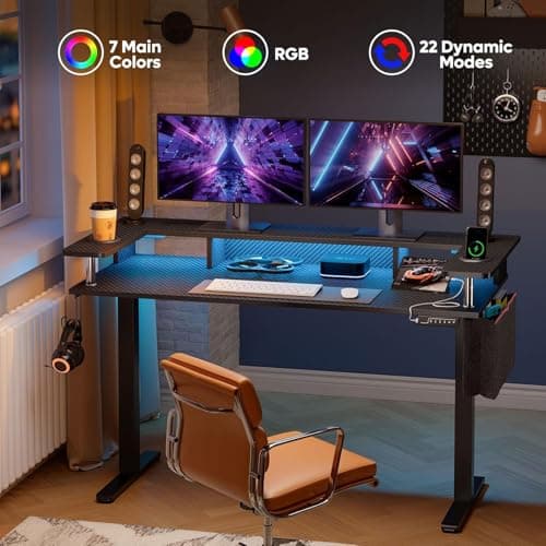 Bestier LED Electric Standing Desk Adjustable Height, 58x26 Inch Large Sit Stand Desk with Monitor Stand, Ergonomic Rising Office Workstation, Headphone Hook & Storage Bag 5