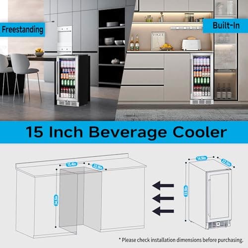 Feelfunn 15 Inch Beverage Refrigerator Under Counter - 126 Cans Beverage Fridge with Glass Door for Beer Wine Soda - Built-in or Freestanding Wine Cooler with Safety Lock for Home Kitchen Bar 5