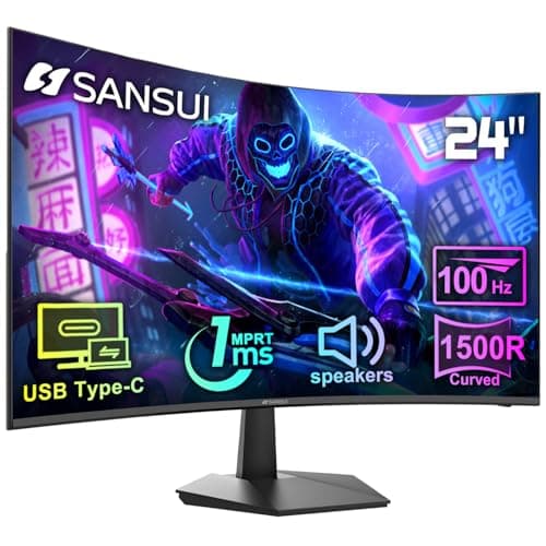 SANSUI Curved Monitor 24 inch 100Hz USB Type-C Computer Monitor with Built-in Speakers- MPRT 1ms,Adaptive Sync,HDR,1500R,VESA 75x75mm Compatible, for Home and Office(ES-24C1)