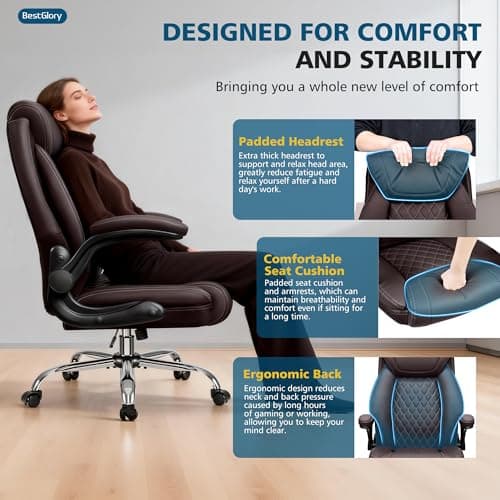 Office Chair, Executive Leather Office Chairs with Rocking Function, Big and Tall Ergonomic Computer Chair with Lumbar Support Flip-Up Armrests, Comfortable Gaming Chairs for Home Ofiice 5