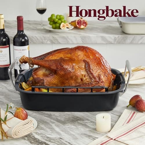 HONGBAKE Nonstick Turkey Roasting Pan with Rack - 18.7×13.6 Inch Extra Large Roaster Pan for 25 lb Chicken, Deep Turkey Tray for Oven, U-Shaped Rack, Wider Handles, Heavy Duty, Non Toxic, Grey 7
