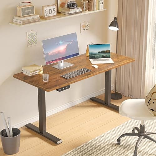 Electric Standing Desk Adjustable Height - Rolling Sit to Stand Desks on Wheels - Mobile Standup Computer Table 48 Inch Brown One Piece Desktop and Rising Frame with Storage for Home Office & Gaming 6