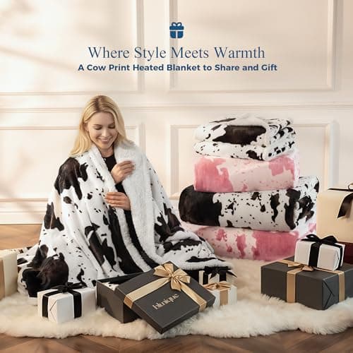 blunique Heated Blanket Twin Blanket - Fast Heating Electric Blanket, Soft Flannel Heated Twin with 4 Time Settings,10 Heating Settings, Warm Gifts for Women & Mom & Grandma(62"x84"Cow Print White) 8