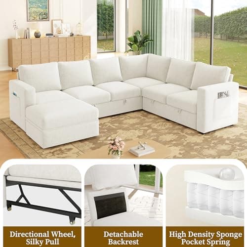 SUAWY 83.5" Sectional Sleeper Sofa with Pull Out Couch, Modern 5 Seat L Shaped Modular Couch, Sectionals Modular Sofa with Storage, Comfy Sectional Couches for Living Room & Apartment, Light Beige 6