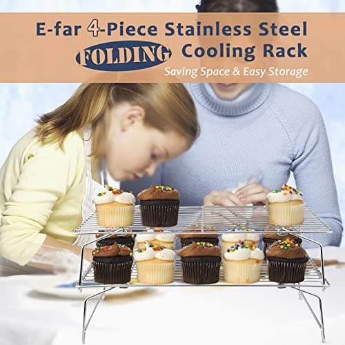 E-far 4-Tier Cooling Rack, 15”x10.1" Stainless Steel Stackable Wire Cooling Rack for Baking Cooking Cookies, Folding Leg & Non-toxic, Oven Safe & Dishwasher Safe 7