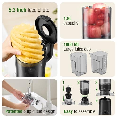 TUUMIIST Juicer Machines, Cold Press Juicer with 5.3" Extra Large Feed Chute Fit Whole Fruits & Vegetables Easy to Clean, High Juice Yield, BPA Free (Black) 12