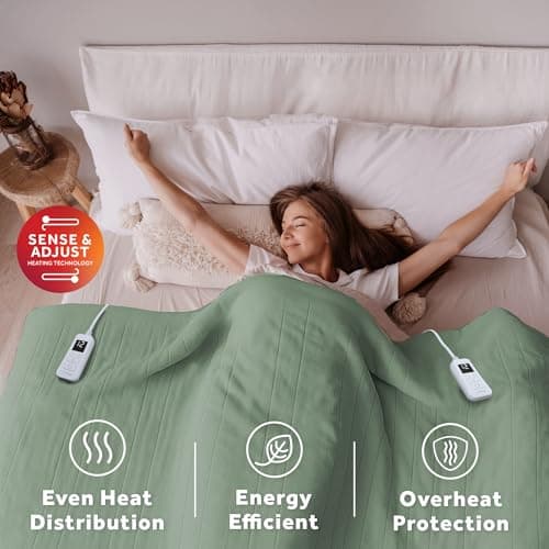 Sunbeam Royal Ultra Fleece Heated Electric Blanket Queen Size, 90" x 84", 12 Heat Settings, 12-Hour Selectable Auto Shut-Off, Fast Heating, Machine Washable, Warm and Cozy, Matcha 5