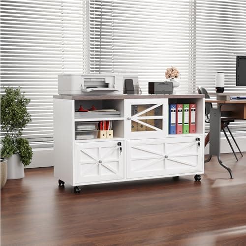 Semoic 2 Drawer Farmhouse File Cabinet with Lock, Mobile Lateral Filing Cabinet for Letter/Legal/A4 Size, Open Storage Adjustable Shelf for Home Office Cabinets,White 8