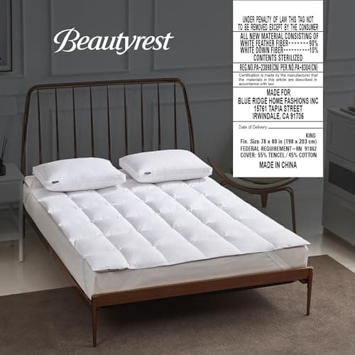 Beautyrest White Feather Down Mattress Pad King Size - 233 Thread Count Tencel/Cotton Blend Featherbed Cover with Elasticized Anchor Bands Mattress Pad 6