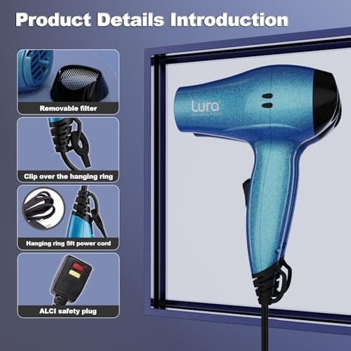 LURA Travel Hair Dryer with Diffuser,Small Dual Voltage Hair Dryers for Women,Mini Portable Blow Dryer for Men,Lightweight Compact Blow Dryer with European Plug(Blue) 6