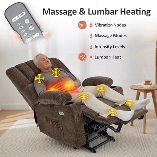 MCombo Power Lift Recliner Chair for Elderly, Lift Chair with Heat and Massage, USB &Type C Ports, Cup Holders, Fabric 7095 (Medium, Mocha) 7