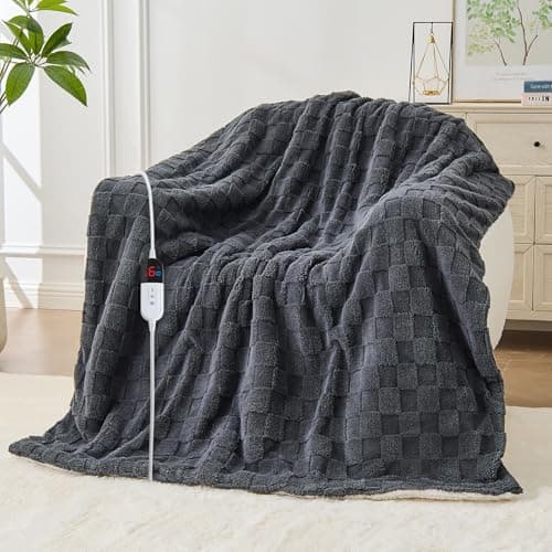 Easthome Electric Heated Blanket Twin Size - Jacquard Checkered Sherpa 62"x84" Fast Heating Bed Blankets with 6 Heating Levels & 10 Hours Auto Off, Over-Heat Protection ETL, Dark Gray