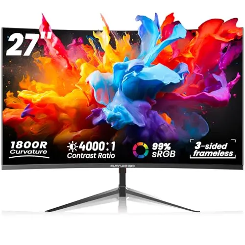 Raywego 27 inch 1800R Curved Monitor 100Hz Computer Monitor 1080p Monitor,4000:1 Contrast Ratio,Three-Sided Slim Bezels,Blue Light Filter Tilt & VESA for Home Office Working((DP1.2 & HDMI2.0)