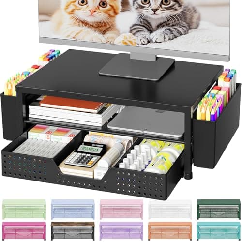 OPNICE Desk Organizers and Accessories, Computer Monitor Stand Riser with Drawer and 2 Pen Holders, Laptop Stand, Office Desk Accessories & Workspace Organizers for Home Office Supplies, Office Book Rack, Black