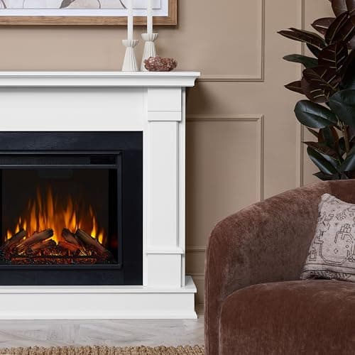 Real Flame Silverton 48” Electric Fireplace with Mantel for Living Room or Bedroom, Replaceable Fireplace Insert Heater, Realistic Log and Flame Effect, Remote Control, Timer, White 5