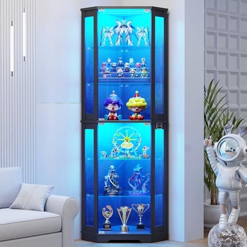 BROTTAR 71" Corner Display Cabinet with Glass Doors, 6 Tier Curio Cabinet with 3 LED Lights & Glass Shelves, Human Body Sensor, Showcase Display Case for Collectibles, Black