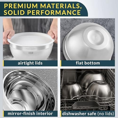 Baker's Signature Stainless Steel Mixing Bowls With Lid, Metal Mixing Bowl Set Of 3, Nesting Set For Food Prep, Baking,Storage, Cooking, Serving | Dishwasher Safe, Silver, 1.5/3/5 Qt 5