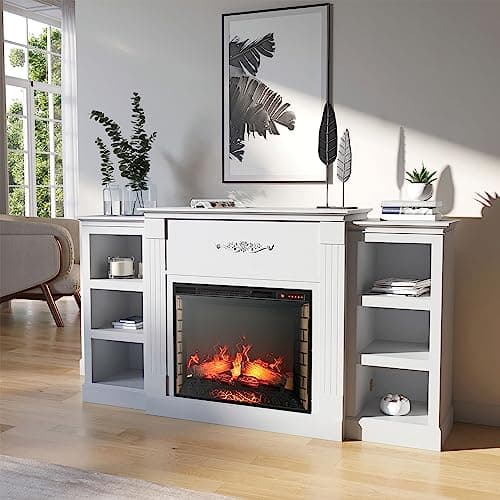 BELLEZE Modern 70" Electric Fireplace Heater Mantel TV Stand & Media Entertainment Center for TVs up to 68" with Energy-Efficient Heater with Sound and Side Book Shelves - Lenore (White) 7