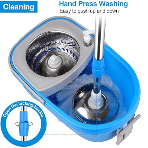 Spin Mop and Bucket with Wringer Set, 3 Washable Microfiber Pads Included for Floor Cleaning, Adjustable Stainless Steel Handle, Easy Moving with Wheels, Blue 6