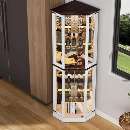 PAKASEPT 71'' Farmhouse Display Curio Cabinet with LED Lights,Tempered Glass Doors,6 Shelves,Floor Standing Display Cage Corner Wine Cabinet Storage Rack for Bar and Liquor Storage,White 8