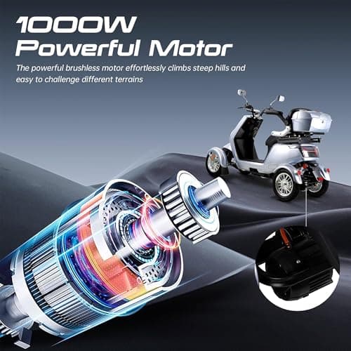 1000W 15 MPH Heavy Duty 4 Wheel Mobility Scooter 500lbs Loadweight, 3 Speed Control Mobility Scooters with 31 Mile Long Range Battery for Seniors & Adults Travel, 20° Max Climbing, Remote Key, Silver 6