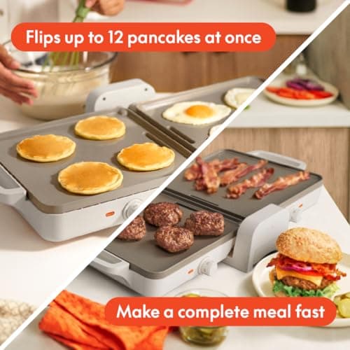 Bella 10"x 20" Ceramic Fold-n-Store Dual Temp Griddle, Fits-anywhere Kitchenware, EverGood Ceramic Nonstick Coating, 2 Temperature Zones up to 400°F​, Dishwasher Safe Drip Tray, 1500 Watt, Oatmilk 5