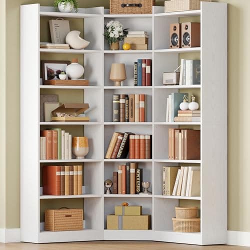 IRONCK Corner Bookshelf, 7-Tier Bookshelf with Storage, Corner Bookcases with Baffles Etagere Shelf for Living Room Home Office Bedroom, White