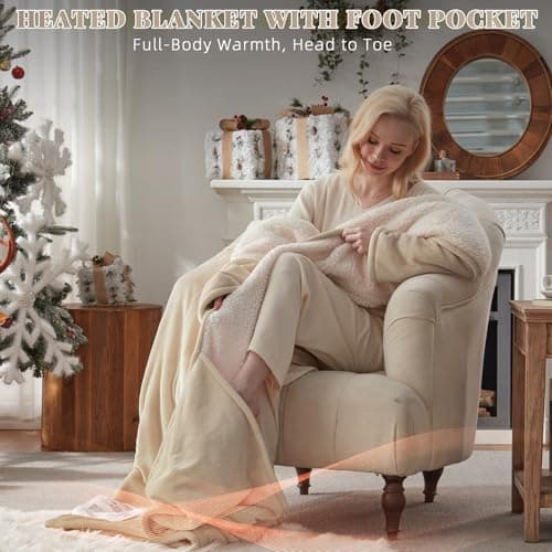 Richtry Electric Blanket Wearable with Foot Pockets & Sleeves, Electric Heated Snuggle Blanket, Flannel & Sherpa Heating Throw with 10 Heat Settings, 1-12 Hours Auto Shut-Off, 50"×70", Beige 6