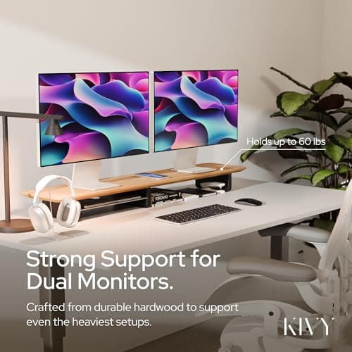 KIVY Dual Monitor Riser with Integrated Metal Shelf - Wooden desk shelf for top of desk - Wood monitor stand for desk 2 monitors / tv - Dual monitor stand riser for desk - Large walnut monitor stand 6