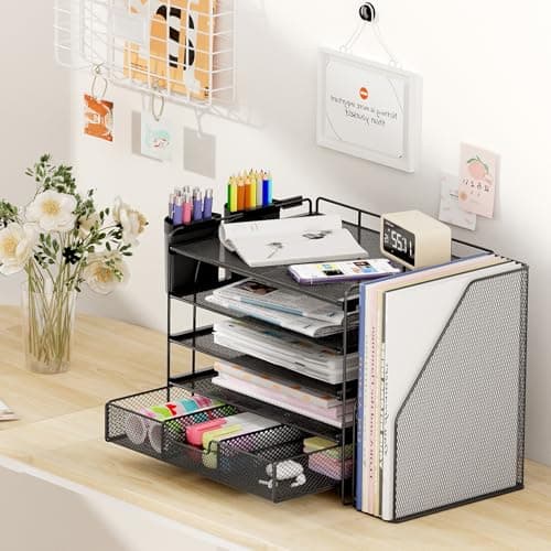 OPNICE Desk Organizer, 5-Tier Paper File Organizer with Drawer & Pen Holder, Office Desk Accessories, Workspace Desktop Organizer for Office Supplies(Black) 6