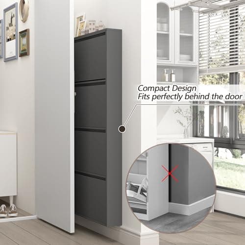 GREATMEET Black Shoe Cabinet Storage for Entryway, Narrow Shoe Cabinet for Entryway Slim, Wall Mounted Metal Hidden Shoe Organizer with 4 Flip Drawers 5