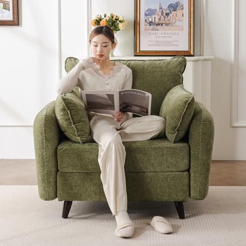 Rexulqo Oversized Accent Chair with All Seats Storage,Comfy Living Room Chairs with 2 Throw Pillow,Upholstered Mid-Century Armchair,24.5'' Deep Seat,Reading Chair for Bedroom,Office,Chenille,Green