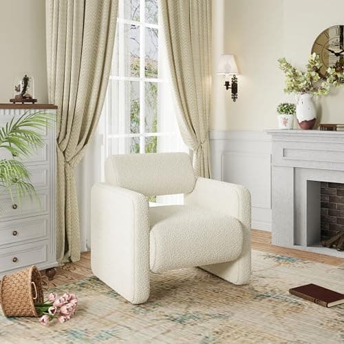 allamazing Accent Chair, Modern Boucle Fabric Armed Chair, Comfortable Single Sofa Chair for Living Room, Solid Wood Frame, Comfy Side Chair for Bedroom, Office, Reading (Beige) 6
