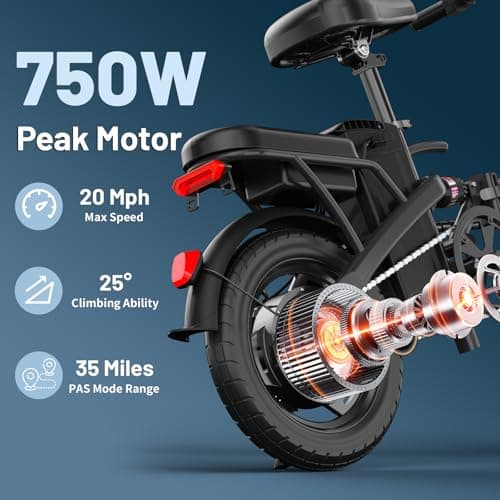Askmy Foldable Electric Bike for Adults and Teens, 750W Peak Motor Ebike, 14" Folding E-Bike with 20 MPH, 30-35 Miles PAS Range, Electric Bicycle with 48V Removable Battery (Black) 5