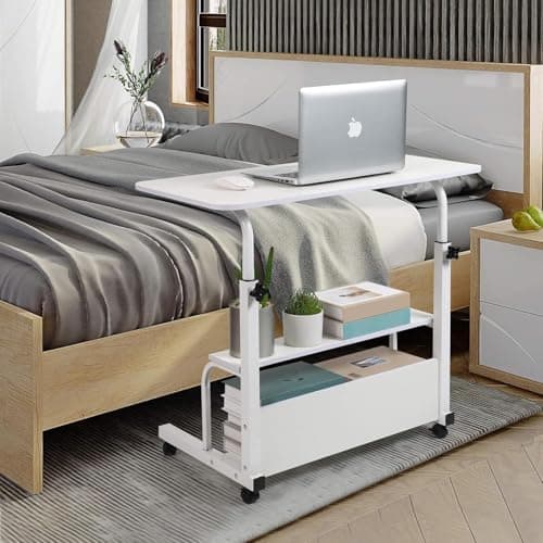 Adjustable Height Mobile Computer Desk for Small Space Rolling Writing with Wheels Corner Home Office Study Portable Bedrooms Work Desk Standing Table Sizes 31.5X15.7 Inches White 7