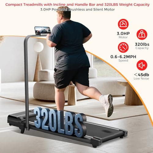 Portable Walking Pad with Incline and Handle Bar, 3.0HP Electric Treadmills for Home Small, 0.6-6.2MPH Compact Walking Pads Treadmills with Handles and Incline for Small Spaces, 320LB Capacity 6