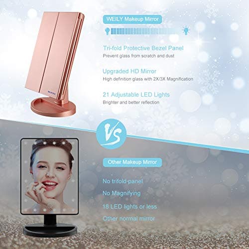 WEILY Makeup Mirror with 21 LED Lights,Two Power Supply, Touch Screen and 1x/2x/3x Magnification Tri-Fold Vanity Mirror for Makeup Desk(Rose Gold) 7