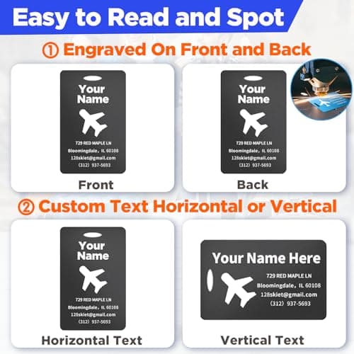 4 PCS Personalized Luggage Tags, Engraved Aluminum Luggage Tag, Custom Luggage Tag for Bag Id, Custom Suitcase Tag, Backpack Tag, Personalized Name Tags for Travel (Black) 5