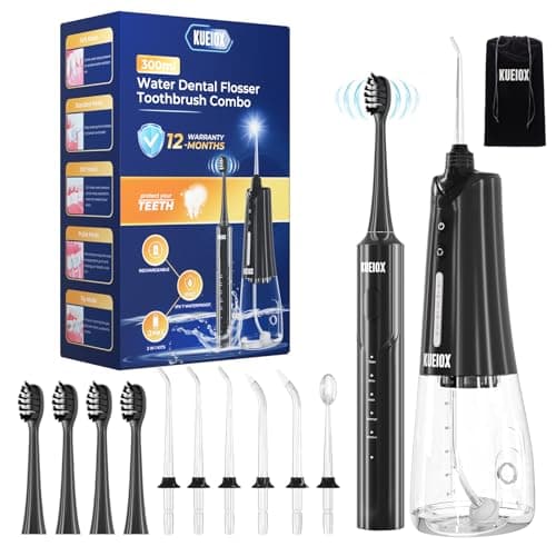 KUEIOX Electric Toothbrush with Water Cordless Flosser, 320ML Portable Travel Water Dental Flosser for Teeth with 5 Modes & 6 Jet Tips & IPX7 Waterproof for Teeth Cleaning and flossing (Black)