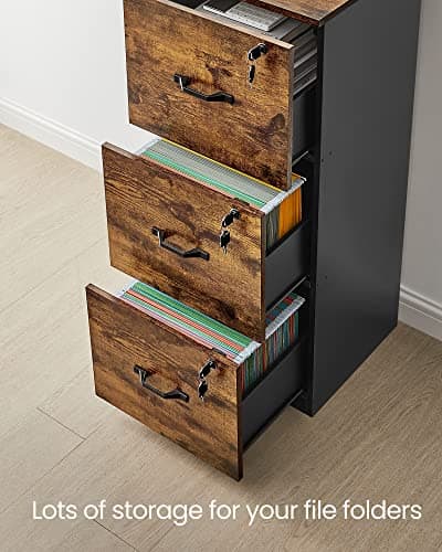 VASAGLE 3-Drawer Vertical File Cabinet, Filing Cabinet for Home Office, Printer Stand, with 3 Lockable Drawers, Adjustable Hanging Rail, for A4 and Letter-Size Files, Rustic Brown and Black UOFC055B01 5