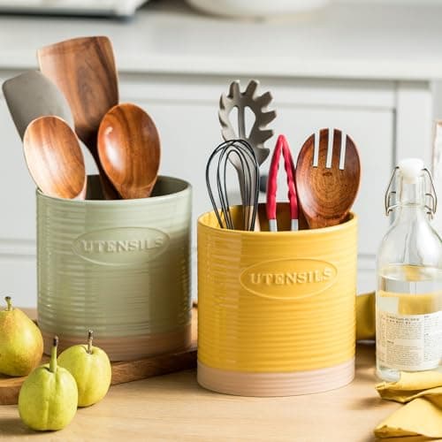 YHOSSEUN Kitchen Utensil Holder for Countertop, Ceramic Utensil Holder for Kitchen Counter, Cooking Utensil Crock for Spatula, Oval Shape, Yellow 7