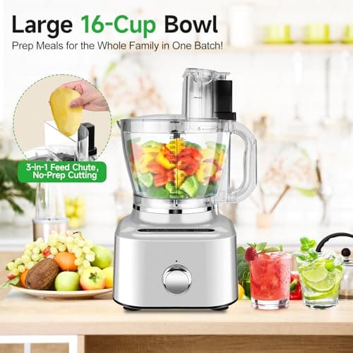 Homtone 16 Cup Food Processor, Large 11-in-1 Heavy Duty Food Processors and Blender Combo- 5 Preset Modes for Chopping,Shredding, Slicing, Kneading, Blending, Stepless Speed Control, 650W, Silver 8