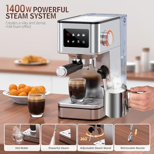 QJA Espresso Machine with Milk Frother, 20 Bar Compact Coffee Machine with Touch Screen & 57.5oz Removable Water Tank for Home, Stainless Steel Espresso Maker for Cappuccino, Latte, Silver 4
