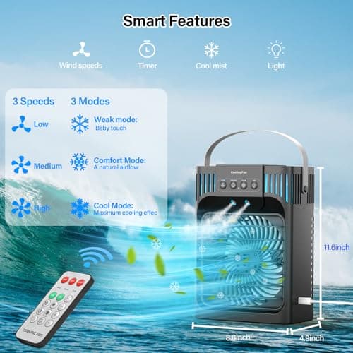 Portable Air Conditioner, LEAEYFE 3 Higher Speeds With 1200ml Extra Large Water Tank, 7 Color Lights 2/8 Hour Timer, 120° OscillatingCooling Fan For Desk, Home, Bed and Living Room 6