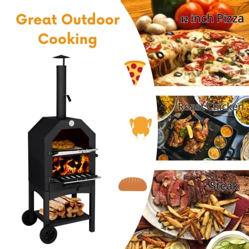 Outvita Outdoor Pizza Oven, Wood Fired Pizza Oven with Adjustable Chimney, Wheels, Pizza Stone, Pizza Peel, Grill Rack for Patio Cooking Picnic Party 6